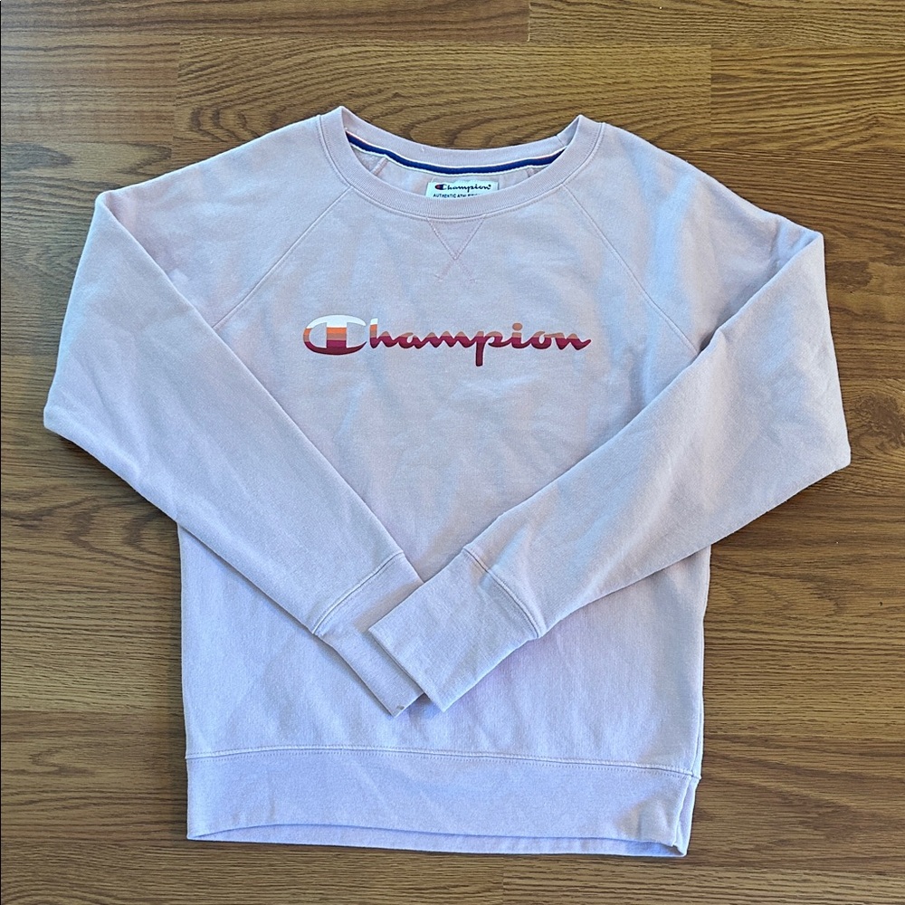 Women’s Champion Light Pink Crewneck Sweatshirt with Striped Colorful Logo